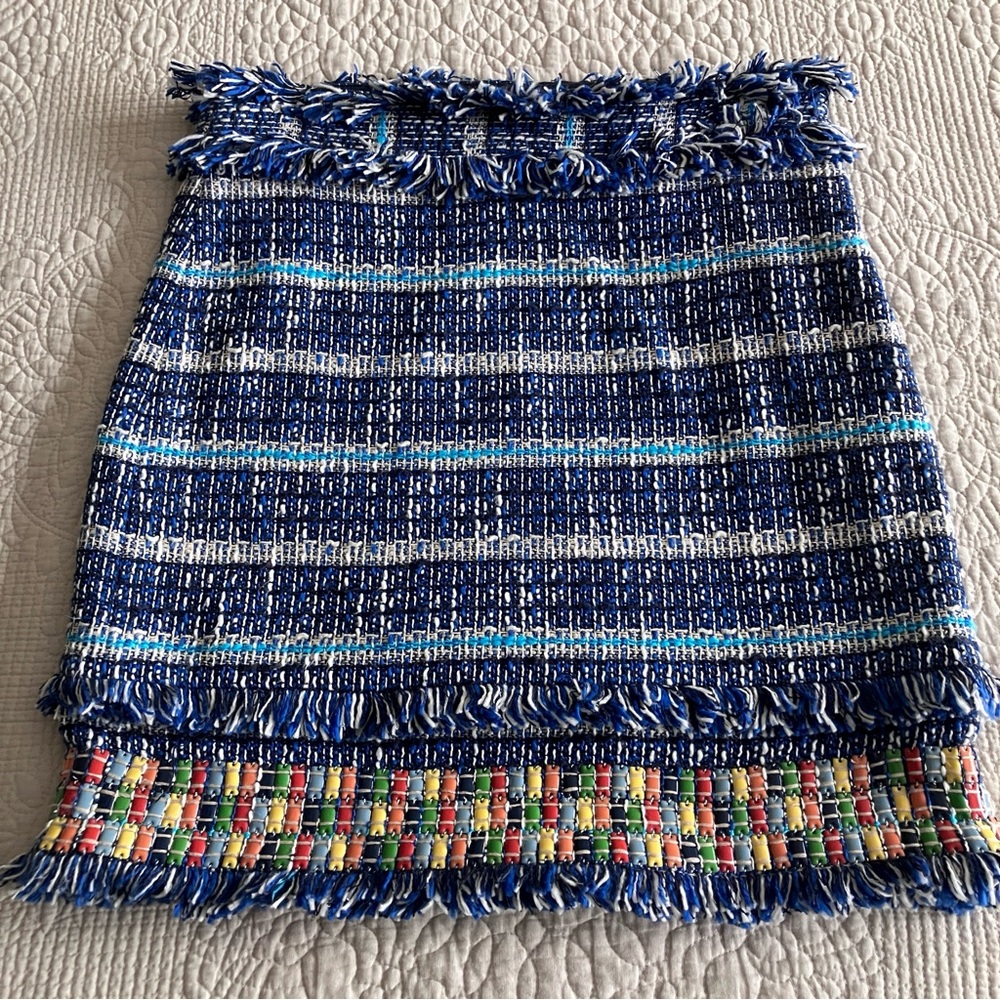 NWT STUNNING Tory Burch skirt in blue/white fringe & colorful embellishments